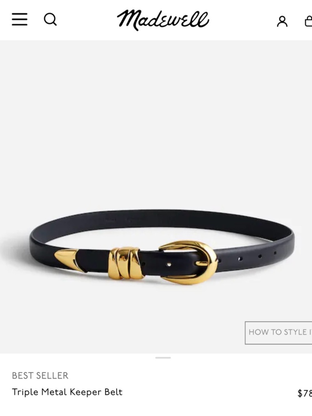 Madewell Black Leather Belt with Gold Buckle and Triple Keepers. Never worn!